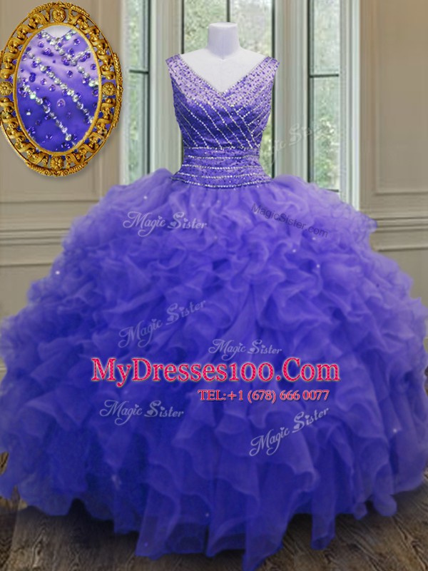 Affordable Organza V-neck Sleeveless Zipper Beading and Ruffles Ball Gown Prom Dress in Purple