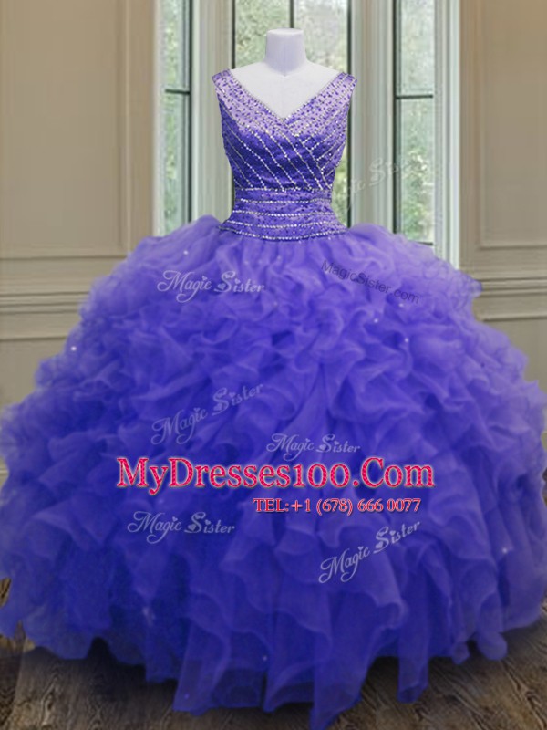 Affordable Organza V-neck Sleeveless Zipper Beading and Ruffles Ball Gown Prom Dress in Purple
