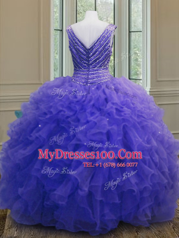 Affordable Organza V-neck Sleeveless Zipper Beading and Ruffles Ball Gown Prom Dress in Purple
