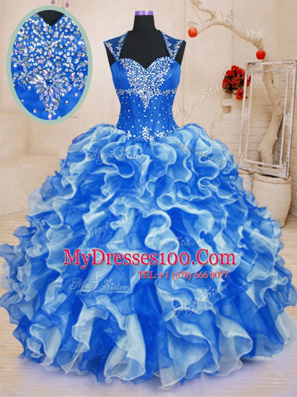 Royal Blue Sleeveless Floor Length Beading and Ruffles Lace Up Sweet 16 Quinceanera Dress