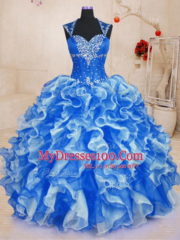 Royal Blue Sleeveless Floor Length Beading and Ruffles Lace Up Sweet 16 Quinceanera Dress