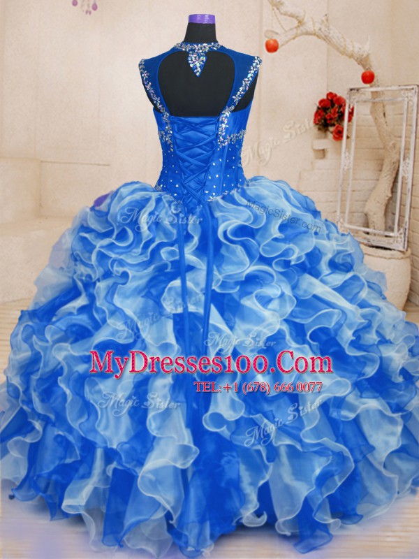 Royal Blue Sleeveless Floor Length Beading and Ruffles Lace Up Sweet 16 Quinceanera Dress