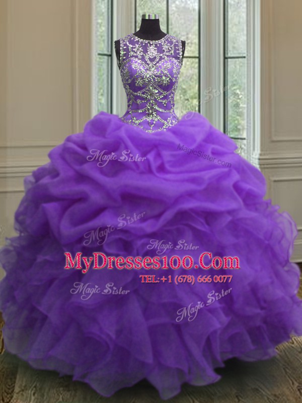 Exceptional Purple Scoop Neckline Beading and Ruffles and Pick Ups Quinceanera Gown Sleeveless Lace Up