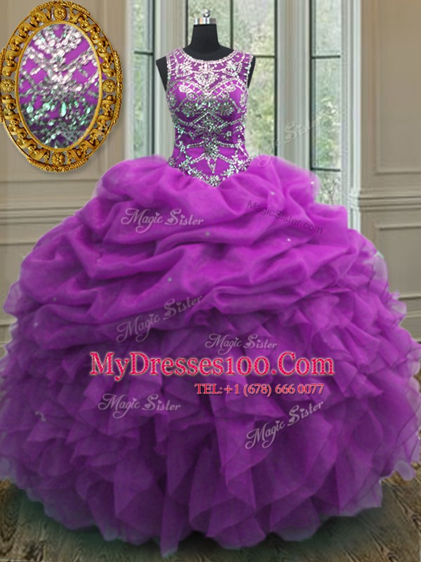 Scoop Organza Sleeveless Floor Length Sweet 16 Dresses and Beading and Ruffles and Pick Ups