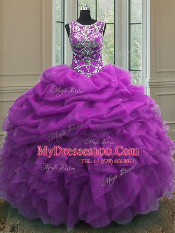 Scoop Organza Sleeveless Floor Length Sweet 16 Dresses and Beading and Ruffles and Pick Ups