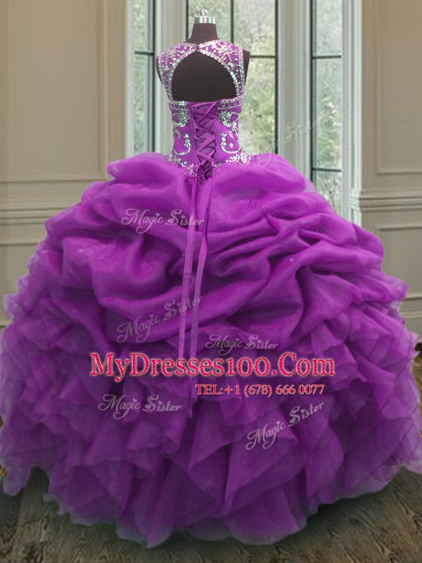 Scoop Organza Sleeveless Floor Length Sweet 16 Dresses and Beading and Ruffles and Pick Ups