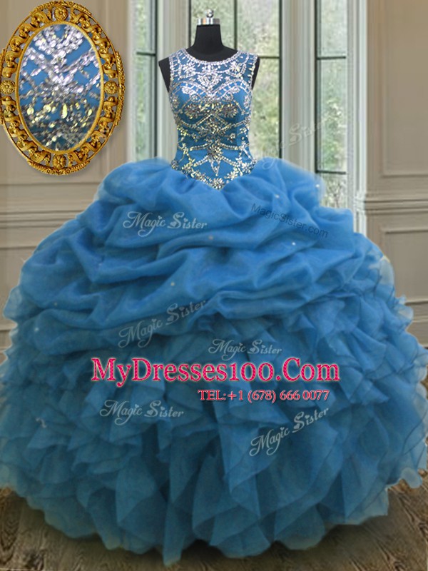 Stunning Blue Ball Gowns Organza Scoop Sleeveless Beading and Ruffles and Pick Ups Floor Length Lace Up Sweet 16 Dress