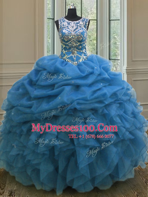Stunning Blue Ball Gowns Organza Scoop Sleeveless Beading and Ruffles and Pick Ups Floor Length Lace Up Sweet 16 Dress