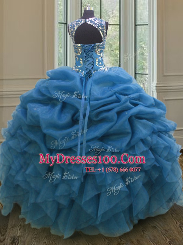 Stunning Blue Ball Gowns Organza Scoop Sleeveless Beading and Ruffles and Pick Ups Floor Length Lace Up Sweet 16 Dress