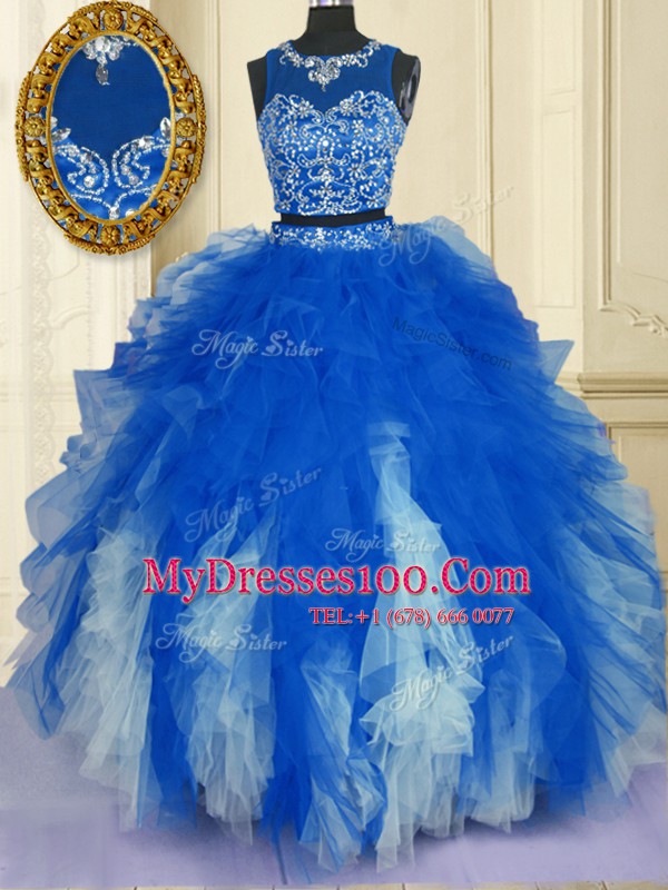 Scoop Sleeveless Floor Length Beading and Ruffles Zipper Vestidos de Quinceanera with Blue And White