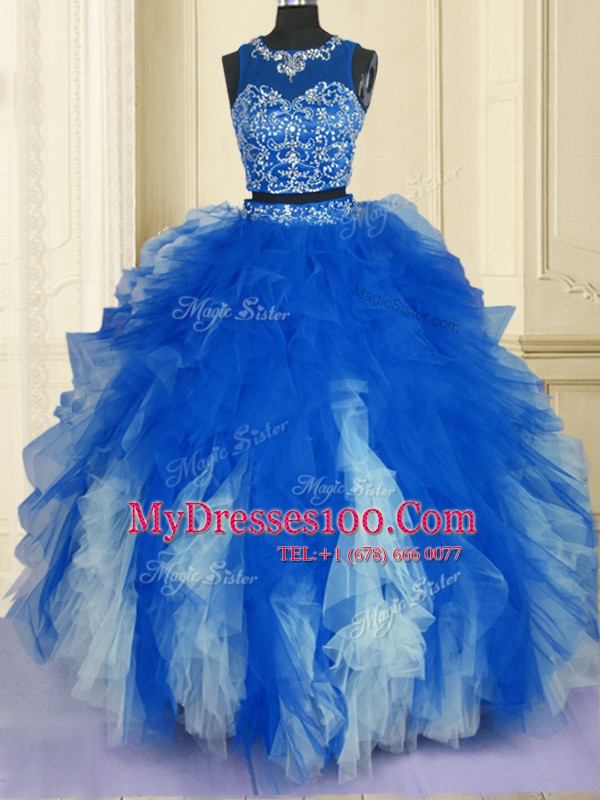 Scoop Sleeveless Floor Length Beading and Ruffles Zipper Vestidos de Quinceanera with Blue And White
