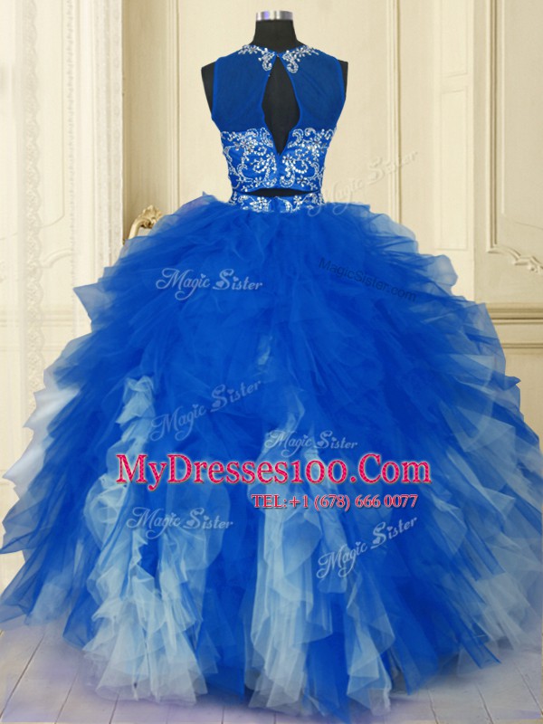 Scoop Sleeveless Floor Length Beading and Ruffles Zipper Vestidos de Quinceanera with Blue And White