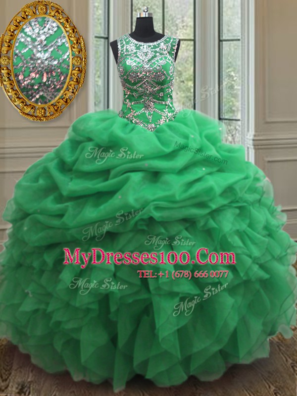 High Quality Organza Lace Up Scoop Sleeveless Floor Length Quinceanera Dresses Beading and Ruffles and Pick Ups