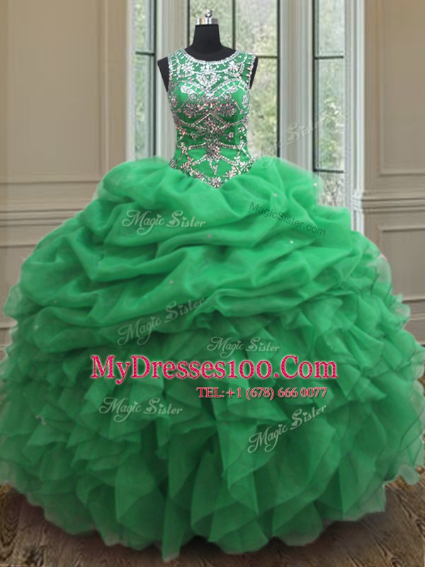 High Quality Organza Lace Up Scoop Sleeveless Floor Length Quinceanera Dresses Beading and Ruffles and Pick Ups