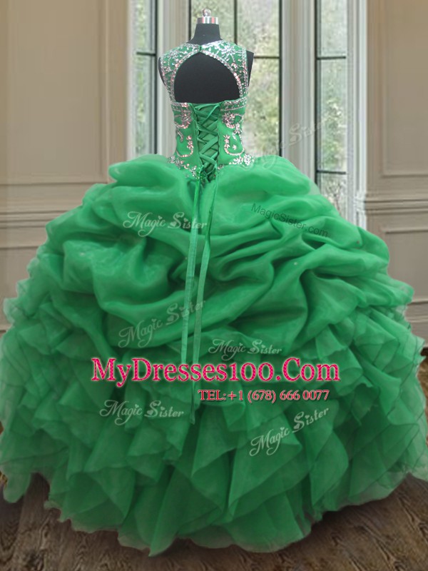 High Quality Organza Lace Up Scoop Sleeveless Floor Length Quinceanera Dresses Beading and Ruffles and Pick Ups