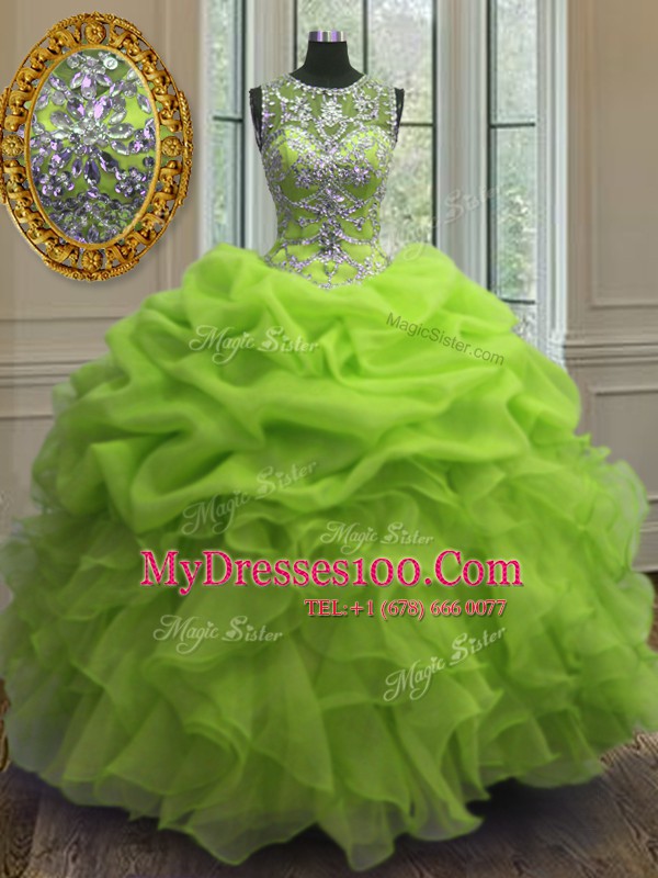 Organza Lace Up Scoop Sleeveless Floor Length Sweet 16 Dress Beading and Ruffles and Pick Ups