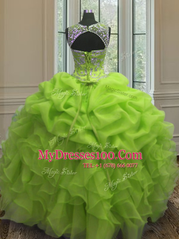 Organza Lace Up Scoop Sleeveless Floor Length Sweet 16 Dress Beading and Ruffles and Pick Ups