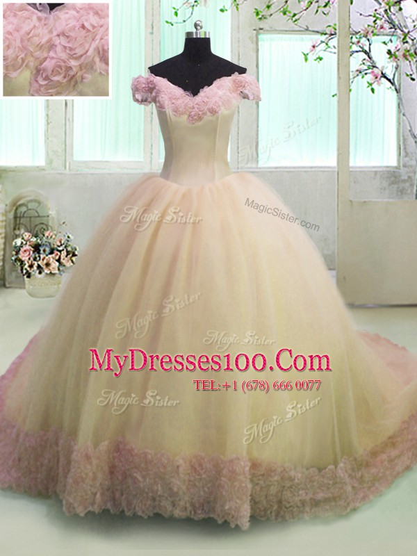Off the Shoulder Short Sleeves With Train Hand Made Flower Lace Up Sweet 16 Dresses with Yellow Court Train