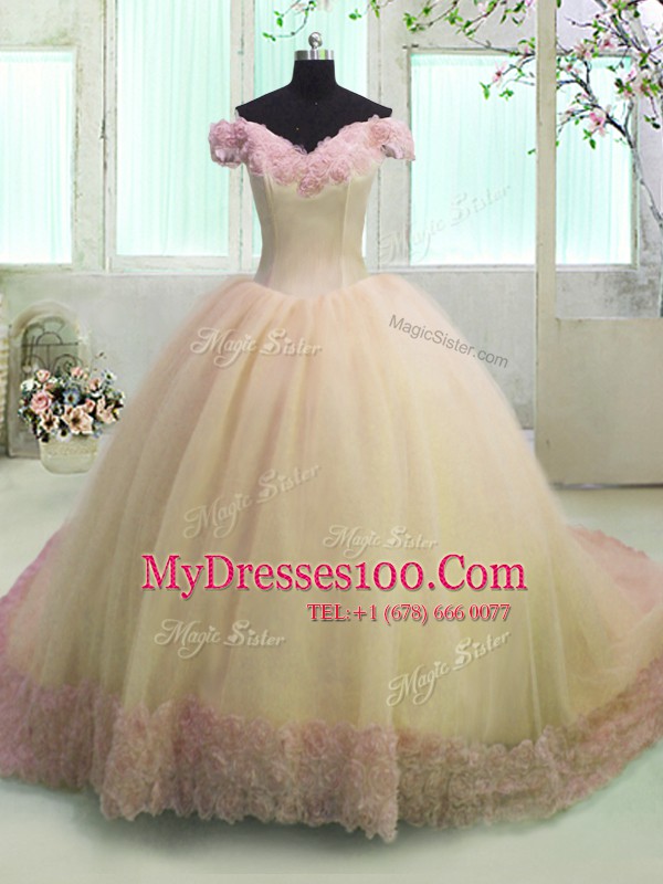 Off the Shoulder Short Sleeves With Train Hand Made Flower Lace Up Sweet 16 Dresses with Yellow Court Train