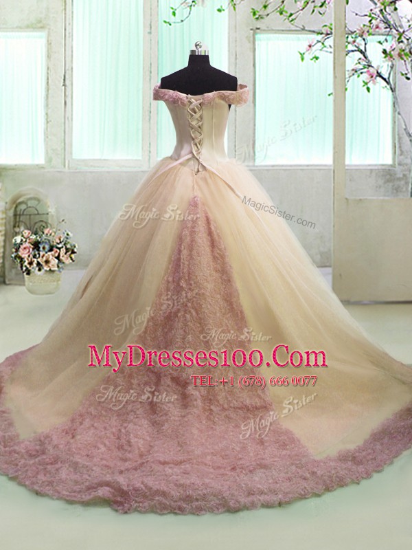 Off the Shoulder Short Sleeves With Train Hand Made Flower Lace Up Sweet 16 Dresses with Yellow Court Train