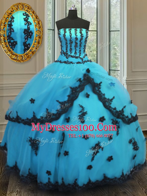 Nice Tulle Strapless Sleeveless Lace Up Appliques Sweet 16 Quinceanera Dress in Aqua Blue