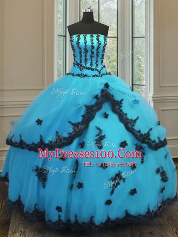 Nice Tulle Strapless Sleeveless Lace Up Appliques Sweet 16 Quinceanera Dress in Aqua Blue