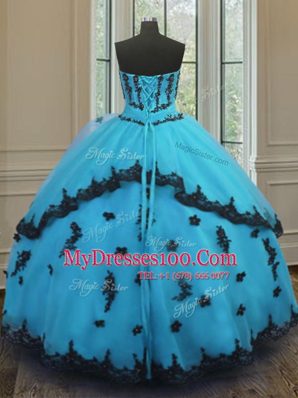 Nice Tulle Strapless Sleeveless Lace Up Appliques Sweet 16 Quinceanera Dress in Aqua Blue