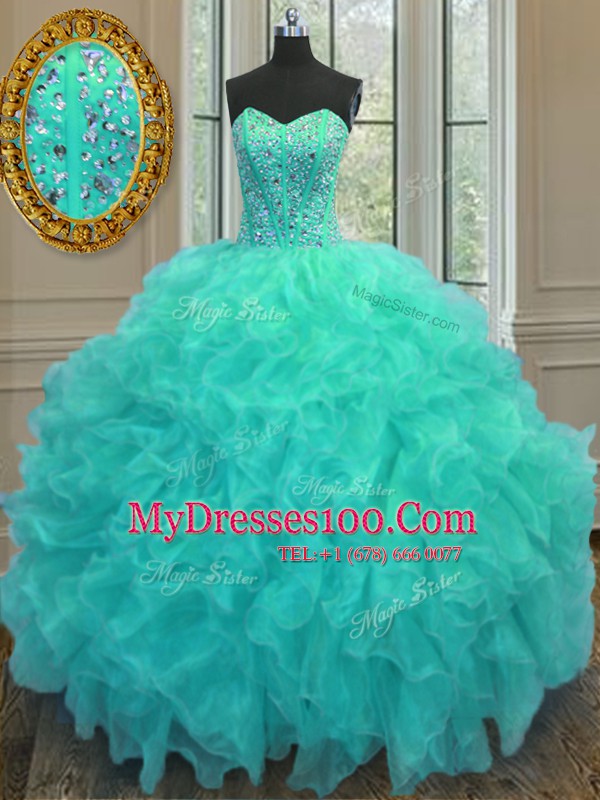 Aqua Blue Lace Up 15th Birthday Dress Beading and Ruffles Sleeveless Floor Length