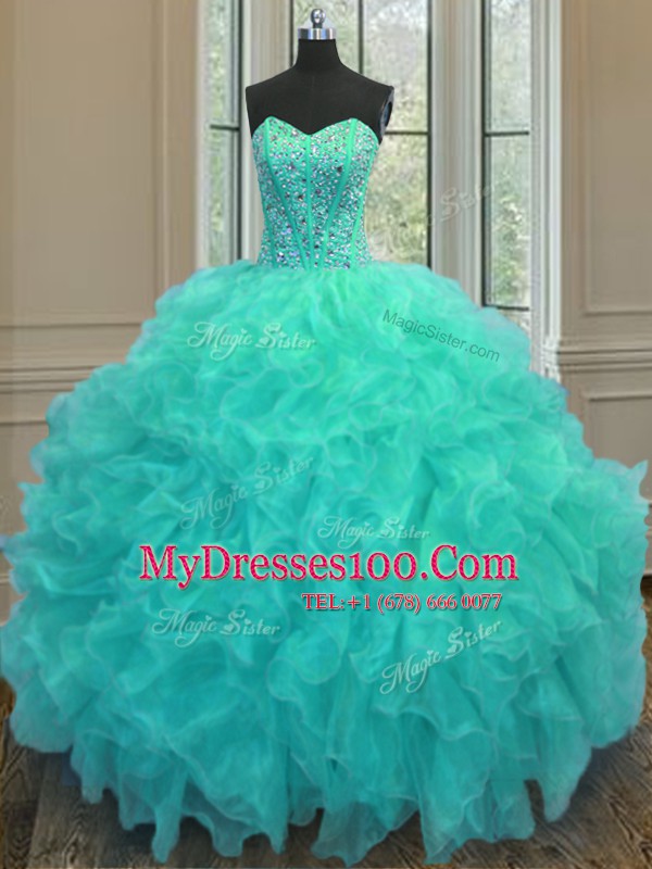 Aqua Blue Lace Up 15th Birthday Dress Beading and Ruffles Sleeveless Floor Length