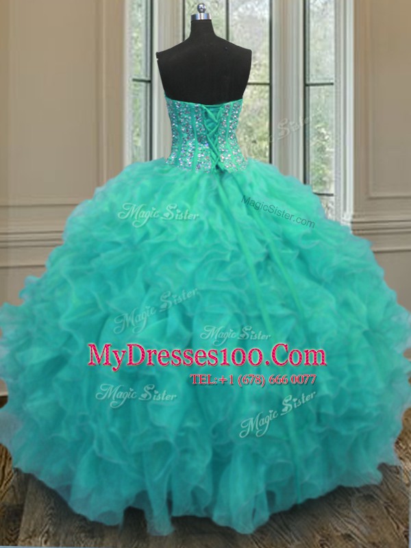Aqua Blue Lace Up 15th Birthday Dress Beading and Ruffles Sleeveless Floor Length