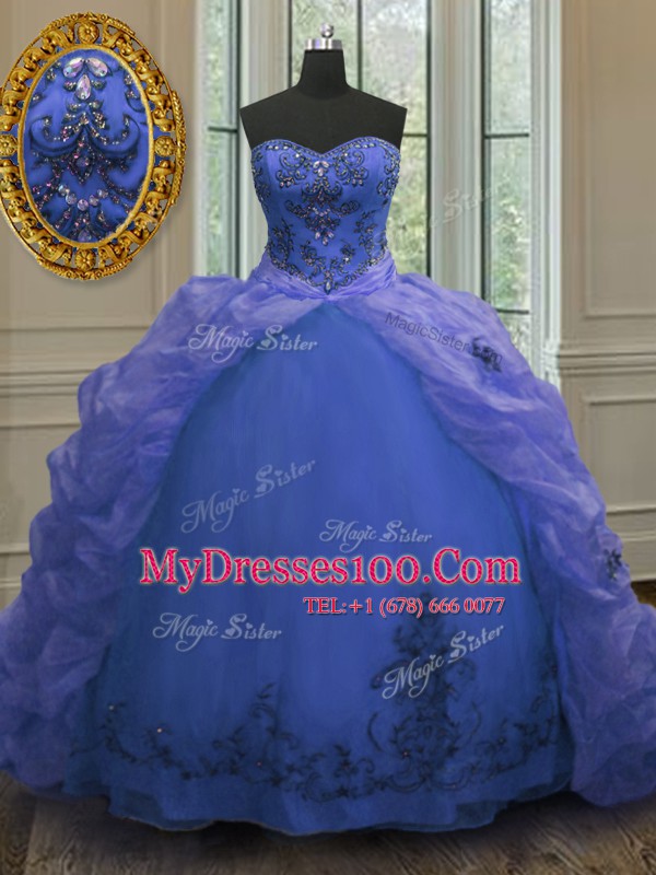 Amazing With Train Blue 15 Quinceanera Dress Organza Court Train Sleeveless Beading and Appliques and Pick Ups