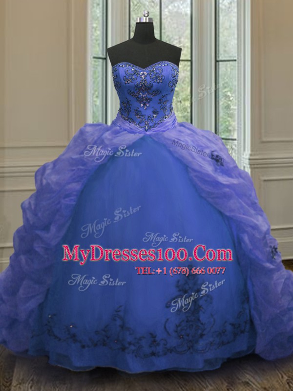 Amazing With Train Blue 15 Quinceanera Dress Organza Court Train Sleeveless Beading and Appliques and Pick Ups
