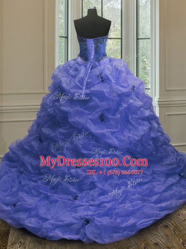Amazing With Train Blue 15 Quinceanera Dress Organza Court Train Sleeveless Beading and Appliques and Pick Ups