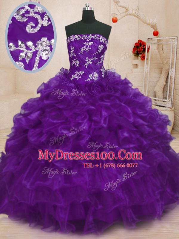 New Arrival Purple Organza Lace Up Quinceanera Dress Sleeveless Floor Length Beading and Appliques and Ruffles