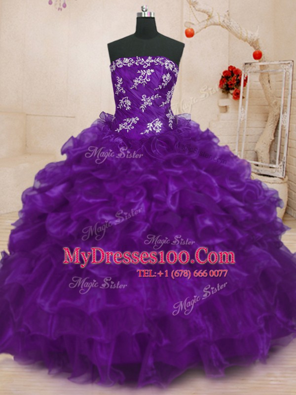 New Arrival Purple Organza Lace Up Quinceanera Dress Sleeveless Floor Length Beading and Appliques and Ruffles