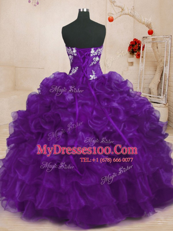 New Arrival Purple Organza Lace Up Quinceanera Dress Sleeveless Floor Length Beading and Appliques and Ruffles