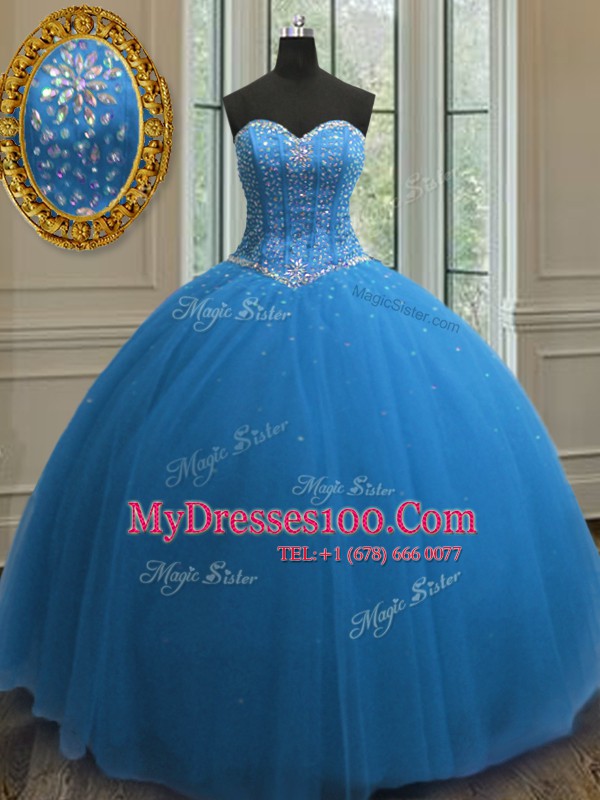 Sumptuous Blue Ball Gowns Sweetheart Sleeveless Tulle Floor Length Lace Up Beading and Sequins Quinceanera Gown