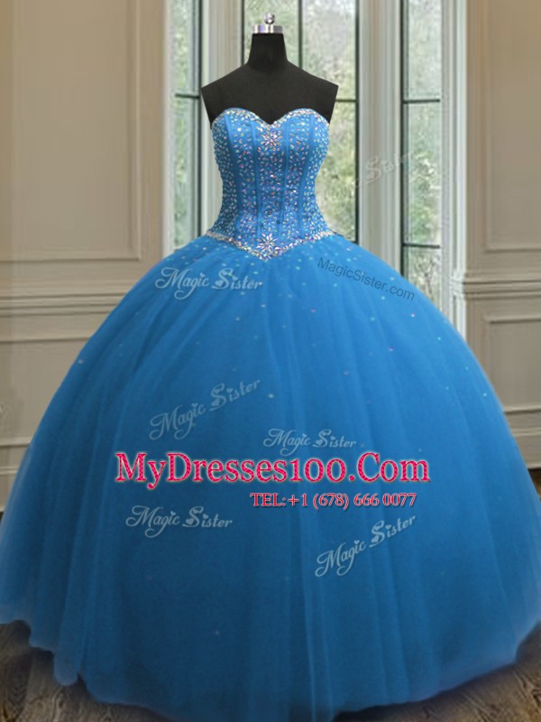 Sumptuous Blue Ball Gowns Sweetheart Sleeveless Tulle Floor Length Lace Up Beading and Sequins Quinceanera Gown