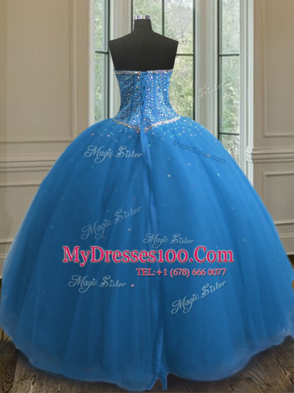Sumptuous Blue Ball Gowns Sweetheart Sleeveless Tulle Floor Length Lace Up Beading and Sequins Quinceanera Gown