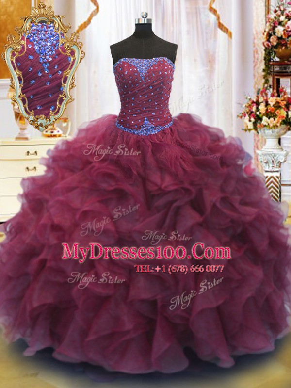 Burgundy Ball Gowns Strapless Sleeveless Organza Floor Length Lace Up Beading and Ruffles Quinceanera Dress