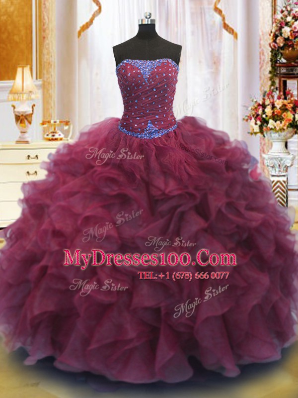 Burgundy Ball Gowns Strapless Sleeveless Organza Floor Length Lace Up Beading and Ruffles Quinceanera Dress