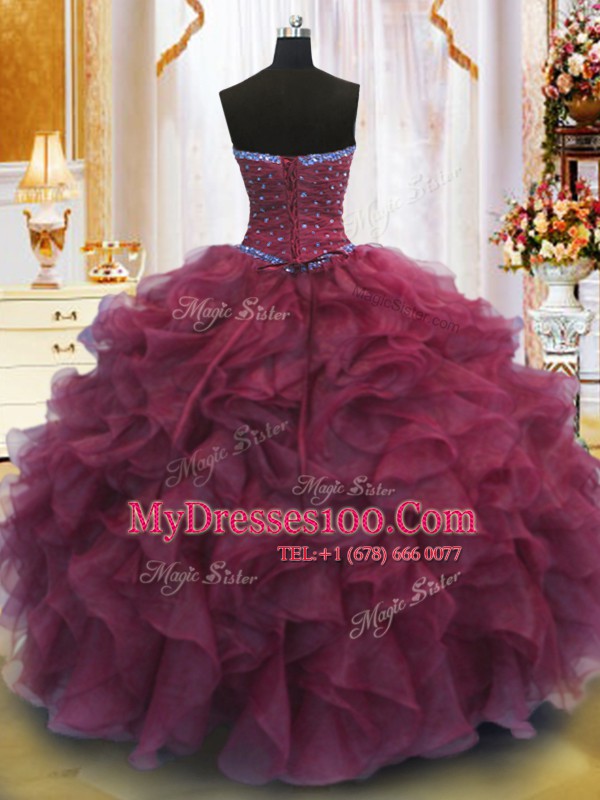 Burgundy Ball Gowns Strapless Sleeveless Organza Floor Length Lace Up Beading and Ruffles Quinceanera Dress