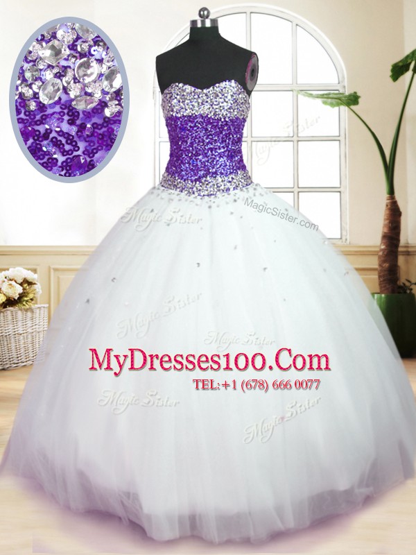 Tulle Sleeveless Floor Length 15 Quinceanera Dress and Beading