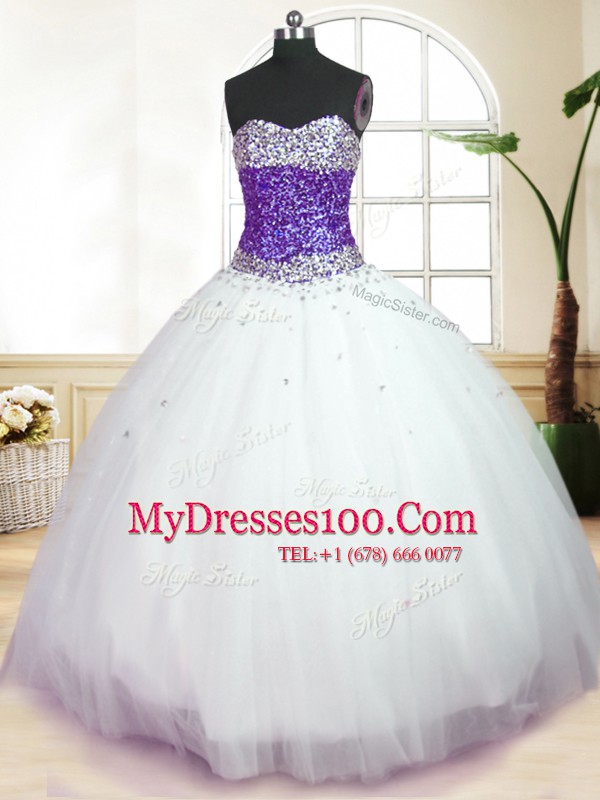 Tulle Sleeveless Floor Length 15 Quinceanera Dress and Beading