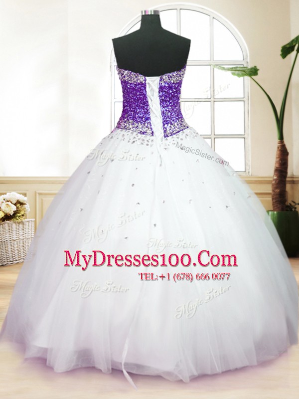 Tulle Sleeveless Floor Length 15 Quinceanera Dress and Beading
