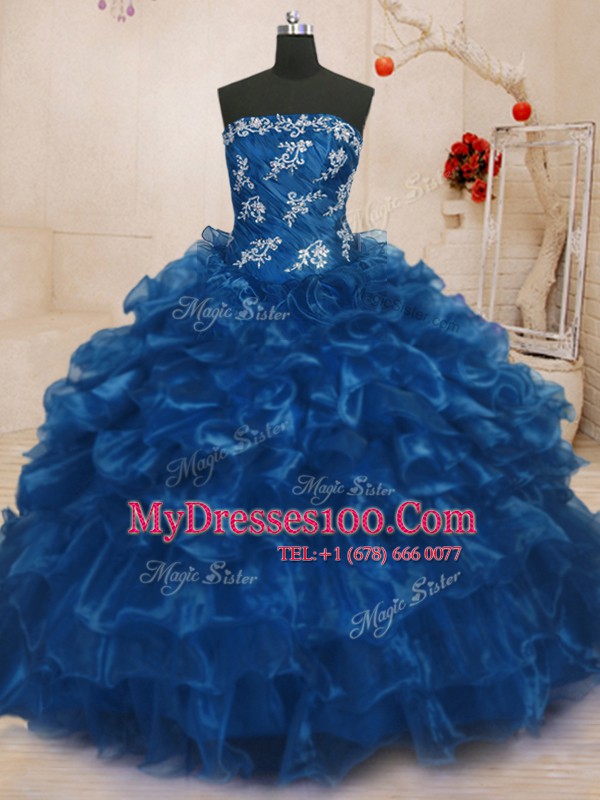 Dynamic Sleeveless Floor Length Beading and Appliques and Ruffles Lace Up Quince Ball Gowns with Navy Blue
