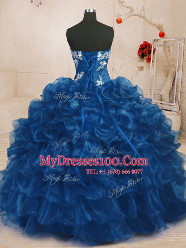 Dynamic Sleeveless Floor Length Beading and Appliques and Ruffles Lace Up Quince Ball Gowns with Navy Blue