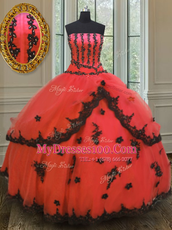 Stylish Red Strapless Neckline Appliques Sweet 16 Dress Sleeveless Lace Up
