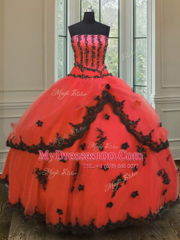 Stylish Red Strapless Neckline Appliques Sweet 16 Dress Sleeveless Lace Up