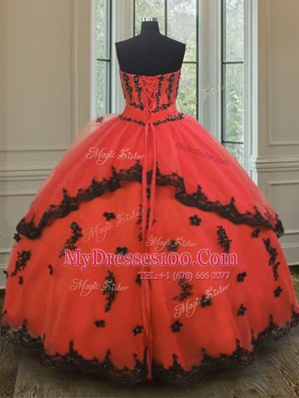 Stylish Red Strapless Neckline Appliques Sweet 16 Dress Sleeveless Lace Up